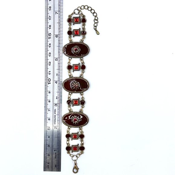 Up-Cycled - Burgundy & Red Enameled Medallion Brass Tone 7” Adjustable Bracelet - Picture 7 of 8